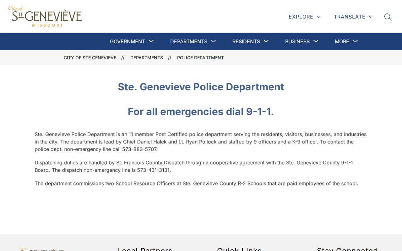 City of Ste. Genevieve Police Department official contact page