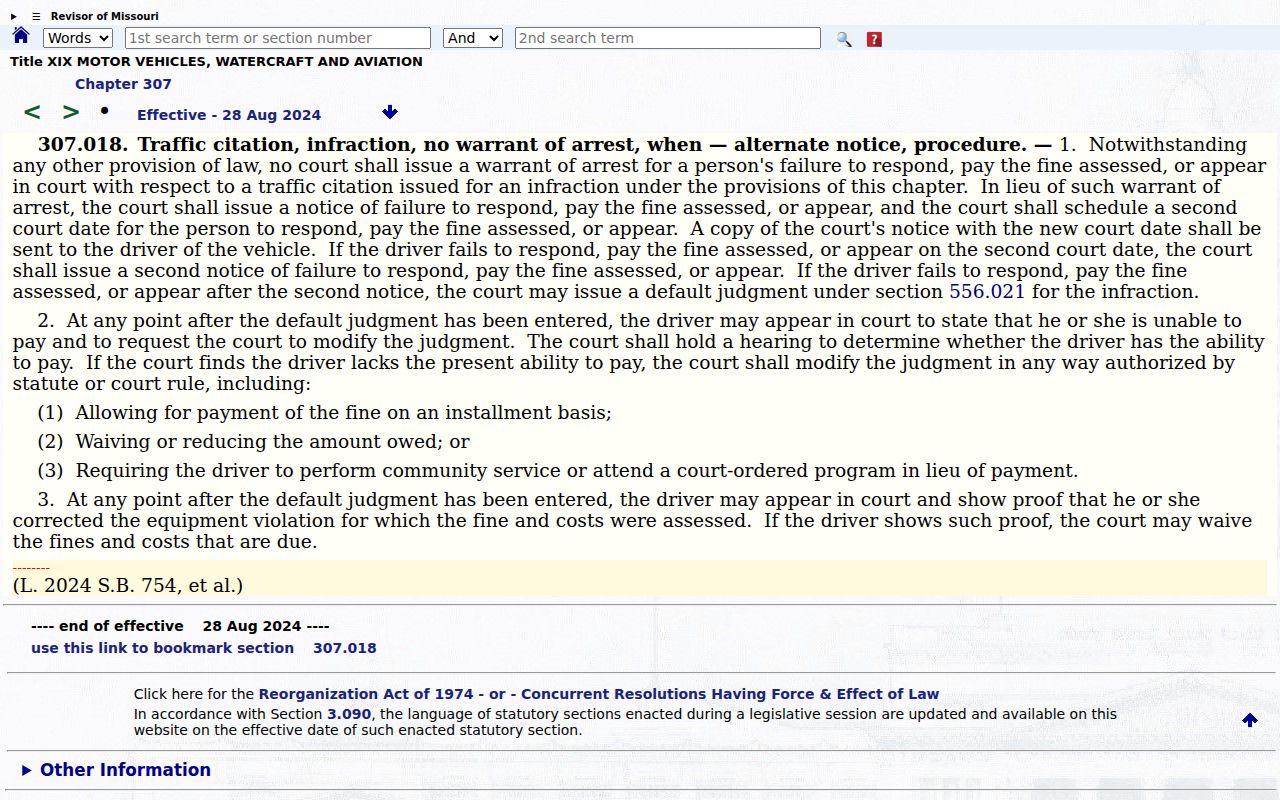 Missouri statute for notice before a warrant in certain traffic infractions